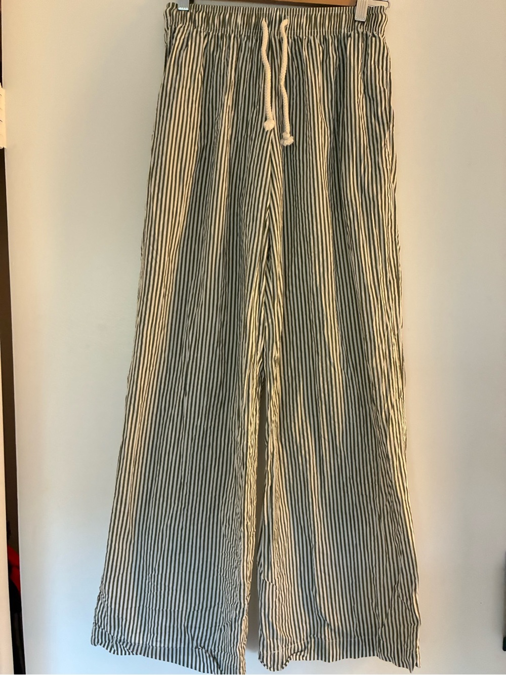 Donni the Pop Pant 100% cotton green and cream stripped wide leg pants